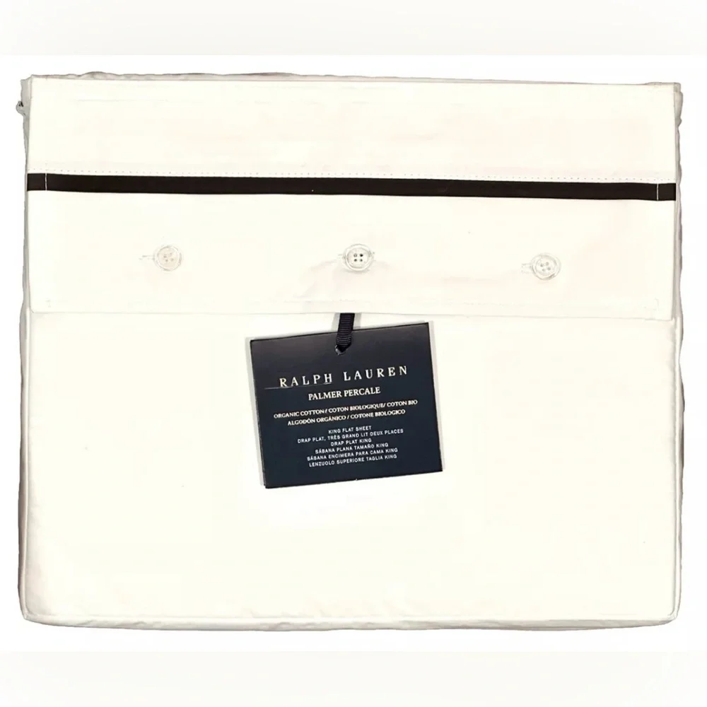 $200 NEW RALPH LAUREN KING FLAT SHEET ORGANIC PALMER PERCALE LOFT GRAY PIPING